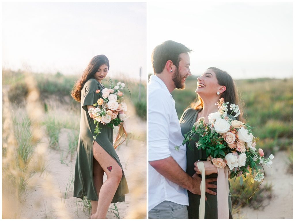 floral bouquet, beach, sunset, couple smiling